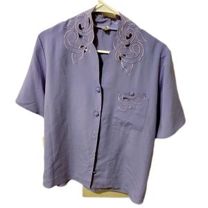 Oversized Lilac 1950s Inspired Floral Embroidered Blouse Button Down